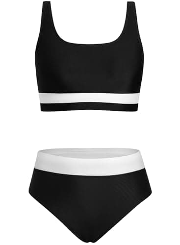 Alakuoti Girls Swimsuit Color Block Adjustable Straps Bikini Sets Teen Girl Two Piece Bathing Suits with Chest Pad Size 12 Black - Image 1