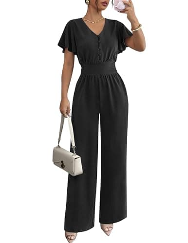 LOOKBOHO One Piece Jumpsuits for Women Dressy Ruffle Short Sleeve Button V Neck 2026 Summer Wide Leg Romper Outfits - Image 1
