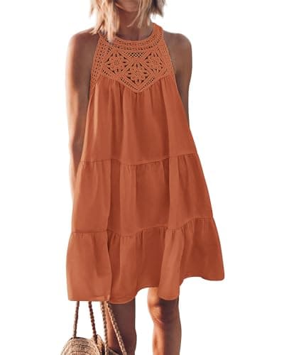 BTFBM Women Summer Dresses 2026 Casual Spring Clothes Sleeveless Halter Neck A-Line Boho Mini Dress Beach Vacation Sundress(Brown Orange, Large) - Image 1