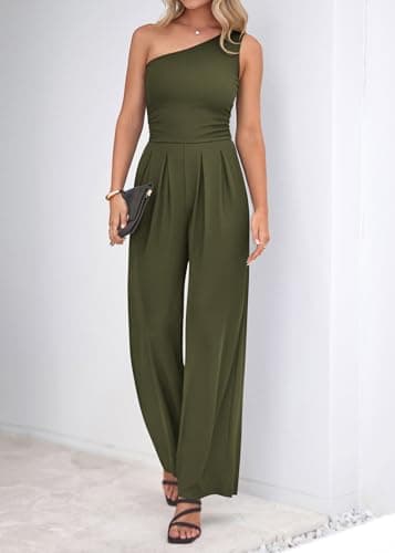 KIRUNDO One Piece Jumpsuits For Women Dressy 2026 Sleeveless One Shoulder Ribbed Wide Leg Rompers With Pockets Summer Outfits - Thumbnail 4