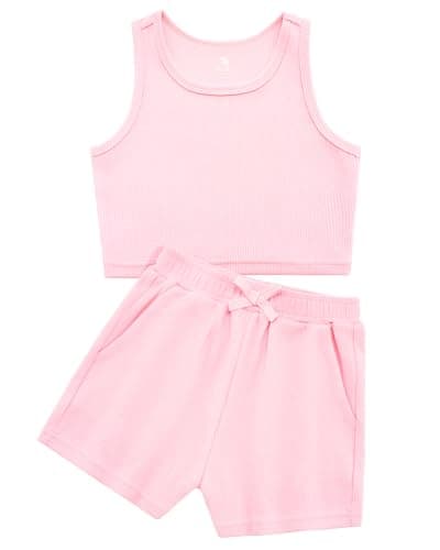 Stelle Girls Athletic Sets, Scoop Neck Ribbed Tank Tops Elastic Waist Shorts With Pockets 2 Piece Outfits, Girls Athletic Outfit 14-15, Pink, Xx-Large - Image 1