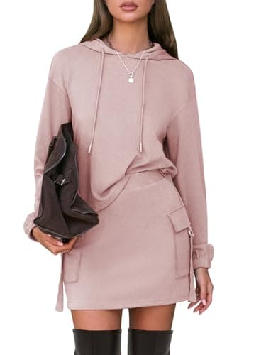 EXLURA Women Two Piece Set Cotton Sweatsuit Travel Airport Outfits 2026 Tracksuit Hooded Sweatshirt Cargo Skort Skirt Pockets - Image 1