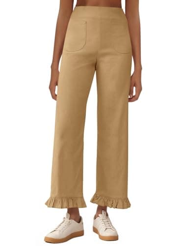 Cicy Bell Womens Wide Leg Capris Pants Casual High Waisted Ruffle Hem Zipper Loose Fit Trousers with Pockets Khaki - Image 1