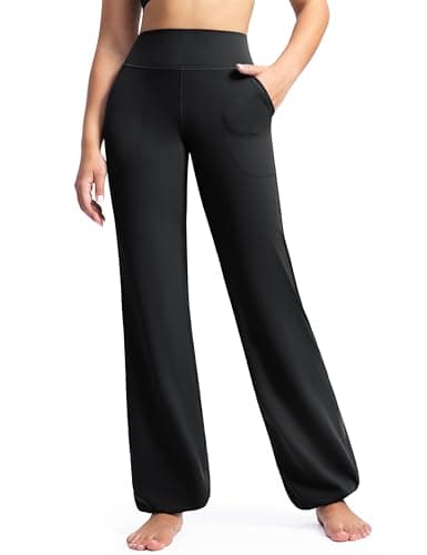 POSHDIVAH Women's Creamluxe Elastic Bottoms Straight Leg Sweatpants High Waisted Casual Pants Yoga Athletic Joggers with Pockets 31" Black Small - Image 1