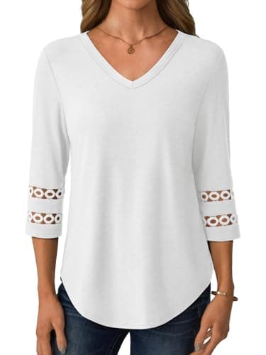 GKBK 3/4 Length Sleeve Womens Tops Dressy Casual Blouses for Women 2026 Trendy Lace Tunic Business V Neck Outfits Tshirts T Shirts Spring Summer Fashion Clothes White M - Thumbnail 2
