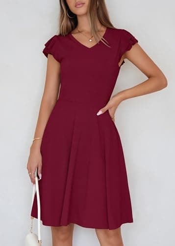 Lazysmile Summer Dresses for Women Ruffle Short Sleeve V Neck A Line Swing Ribbed Knit Casual Mini Short Dress Wine Red - Thumbnail 4