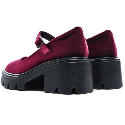 Elvora Women's Mary Jane Shoes - Platform Mary Janes for Women, Burgundy Velvet Round Toe Chunky Dress Shoes with Adjustable Ankle Strap - Thumbnail 5