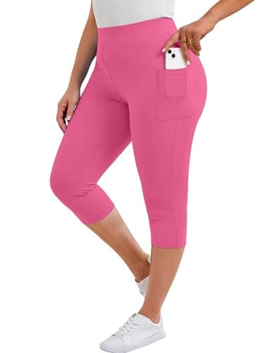 AusLook Plus Size Capri Leggings for Women with Pockets High Waisted Tummy Control Cropped Hot Pink 5X Leggings Buttery Soft Stretch Casual Lounge Workout Pants - Image 1