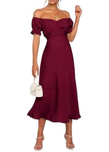 KIRUNDO Women's 2026 Spring Summer Satin Wedding Guest Midi Dress Off The Shoulder Wrap Party Cocktail Formal Prom Dresses(Dark Wine Red, Large) - Image 1