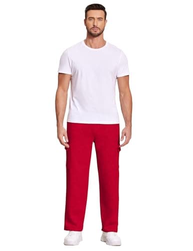 Deyeek Men's Sweatpants Fleece Lined Pants Men Cargo Sweatpants Straight Leg Jogging Sweats Baggy Lounge Pants with Pockets Red - Thumbnail 5