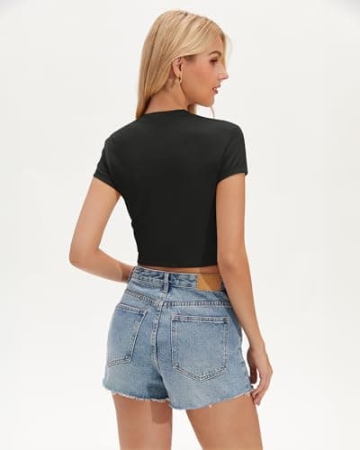Stelle Womens Crewneck Crop Tops Short Sleeve Basic T Shirts Cute Going Out Baby Tee Black X-Large - Thumbnail 2