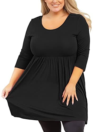 AusLook Plus Size Tops for Women 3/4 Sleeve Black 2X Blouses Crewneck Clothes Tunic Pleated Clothing Flowy Babydoll Summer Fall Winter Maternity Shirts