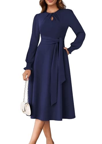 ECOWISH Womens Midi Dress 2025 Fall Long Sleeve Tie Waist Elegant Work Party Cocktail A Line Flowy Dresses with Pockets Navy Blue Small - Image 1