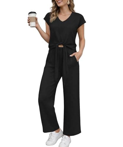 KUOTAI Womens 2 Piece Pant Sets V Neck Tie Front Cap Sleeve Top Wide Leg Pants with Pockets Summer Casual Matching Outfits, Black, X-Large - Image 1