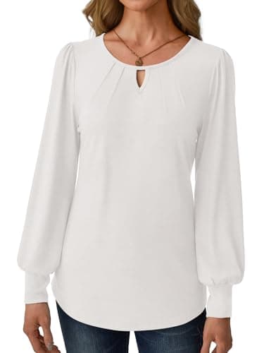 GKBK Women's Long Puff Sleeve Tops Dressy Business Casual Blouses Basic Loose Fit V Neck Work Shirt Pleated Keyhole 2025 Fall Winter Clothes Going Out Outfits White Large - Thumbnail 5