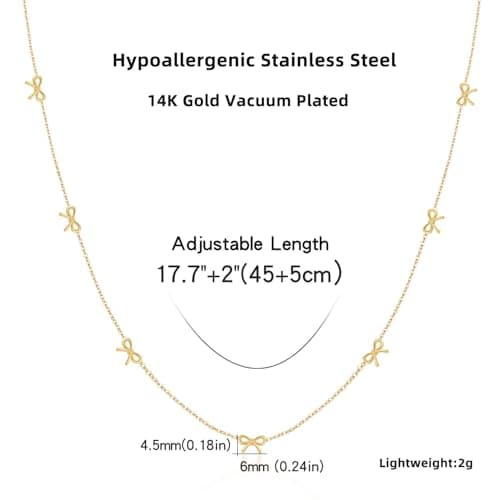 BOLAGTIER Dainty 7-Bow Necklace: 14K Gold Plated Minimalist Adjustable 17.7”+2” Stainless Steel Choker | Trendy Ribbon-Inspired Design, Simple Chain Jewelry Gift for Women (Gold) - Thumbnail 5