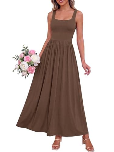 BTFBM Summer Dresses for Women 2026 Maxi Casual Square Neck Flowy Long Sundress Spring Wedding Guest Cocktail Dress(Brown, X-Large) - Image 1