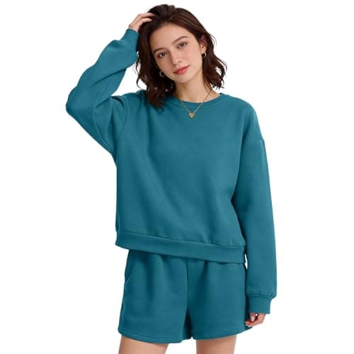 Anyshe Women's 2 Piece Fleece Lined Short Set - High Waisted Crew Neck Sweatshirt & Shorts, Soft Cozy Loungewear for Air Conditioned Rooms & All Season Wear, Denim Blue, Small - Thumbnail 2