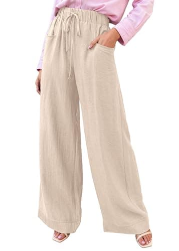 KIRUNDO Wide Leg Palazzo Pants for Women Summer High Waist Flowy Casual Trousers Lounge Pants Beach Vacation Travel Outfits (Beige, Medium) - Image 1