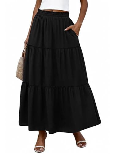 Bellcoco Long Skirts for Women Maxi Spring Summer Swing Tiered A-Line Elastic High Waist Boho Flowy Skirts with Pockets Black Large - Image 1