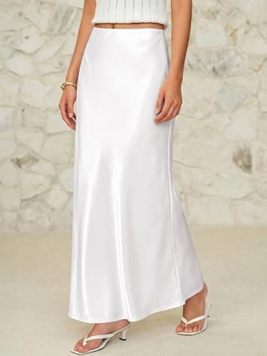 LORJIO Women's Satin Maxi Skirts 2026 Spring High Waisted Flowy Long Silk A Line Elegant Formal Flared Fishtail Skirt Business Casual Outfits White S - Thumbnail 3