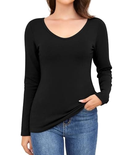 Ganado Long Sleeve Shirts for Women V Neck Thermal Shirt Layering Undershirts Plain Fitted Basic Tops (Black, XX-Large) - Image 1
