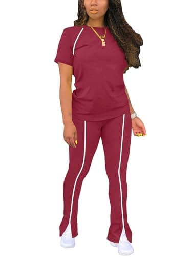 STOLKISS Women's Two Piece Tracksuit Outfits Summer Casual Short Sleeve Tops Long Pants Jogger Lounge Matching Sets Sweatsuit Red 2X - Image 1