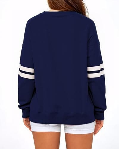 KevaMolly Women Varsity Striped Drop Shoulder Sweatshirt Navy S - Thumbnail 3