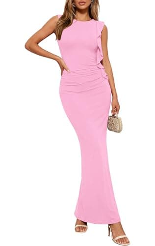 PRETTYGARDEN Women's Summer Maxi Dresses 2026 Sleeveless Ruffle Formal Wedding Guest Cocktail Party Bodycon Split Long Prom Dress(Pink,XL) - Image 1