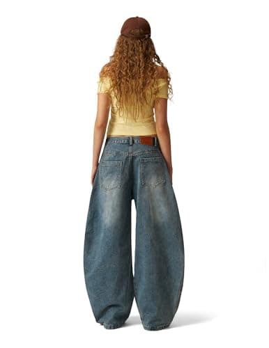 Aelfric Eden Dachshund Embroidery Baggy Barrel Jeans Wide Leg Y2K Denim Pants Straight Loose Jeans Streetwear Unisex Blue 34 - Thumbnail 5
