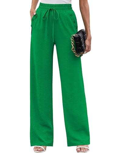 Heymoments Women Wide Leg Pants High Waist Green Small Loose Fit Casual Pants Adjustable Tie Knot Belted Long Straight Trousers with Pockets - Image 1