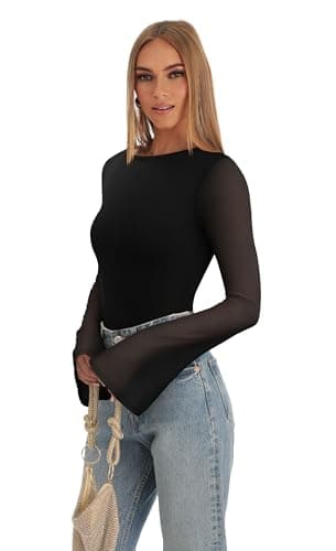 REORIA Women’s Fall Trendy Sexy Boat Neck Long Sleeve Sheer Mesh Slimming Going Out Bodysuit Tops For Vacation Black Small - Thumbnail 5