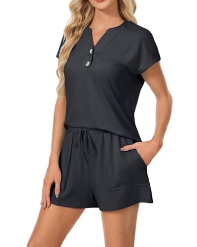 Hoibmasp Womens 2 Piece Summer Outfits Henley Sleeveless Top Lounge Shorts Matching Beach Vacation Loungewear Black S
