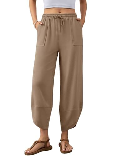 Jiflora Barrel Pants Women Harem Cotton Linen Pants Wide Leg Drawstring Elastic Waist Trousers with Pockets Beach Khaki L - Image 1