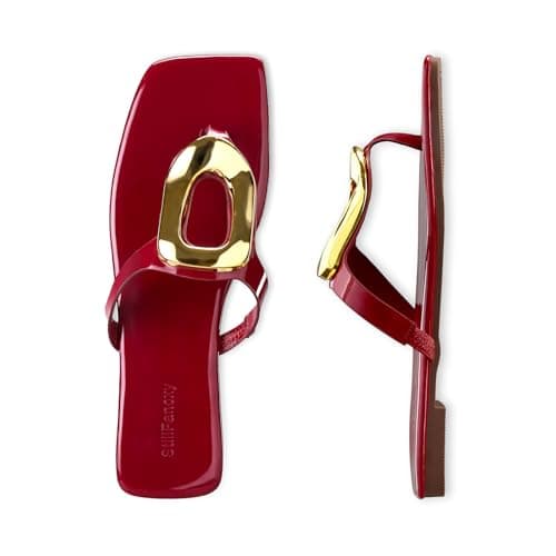 StillFancxy Gold Buckle Flat Sandals for Women Square Toe Dressy Flip Flops Trendy Thong Sandals Slide Sandals - Thumbnail 5