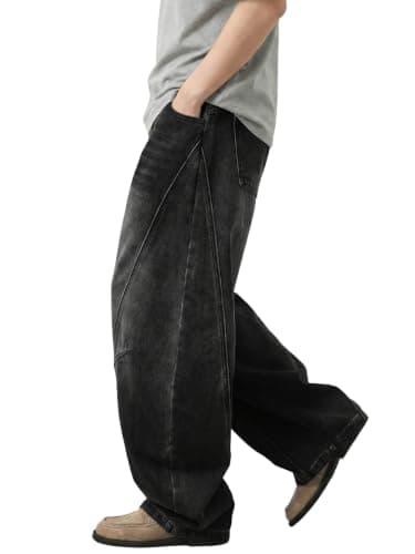 Areant Mens Baggy Hip Hop Jeans Wide Leg Loose Fit Vintage Jeans Relaxed Fit Skater Denim Pants with Elastic Waist Black Small - Thumbnail 3