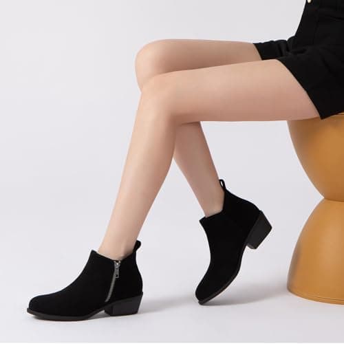 Athlefit Women's Chunky Ankle Boots Low Heel Comfortable Short Boots Round Toe Fahsion Black Suede Booties Size 7.5 - Thumbnail 2