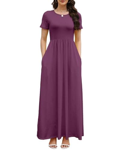 COSSEN Women’s Crewneck Short Sleeve Maxi Dress Violet Purple Small with Pockets – Casual Loose Swing Sundress for Wedding Guest, Beach & Vacation - Image 1