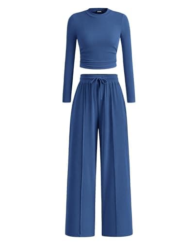 BTFBM Casual 2 Piece Sets For Women Fall Outfits 2026 Ribbed Spring Long Sleeve Crop Top Wide Leg Pants Matching Lounge Set(Dark Blue, Medium) - Image 1