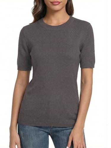 LaGracia Wool Blend Sweaters for Women Crewneck Short Sleeve Lightweight Sweater Office Summer Outfits Coffee 2XL - Thumbnail 2