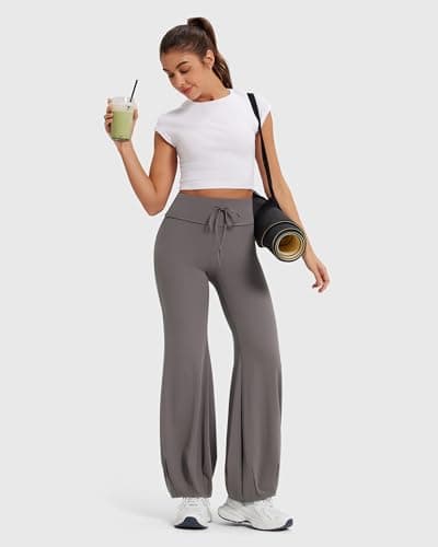 MOOSLOVER Women Bubble Yoga Pants Drawstring Fold Over Flare Leggings Pilates Casual Lounge Pant(XL,Grey) - Thumbnail 5