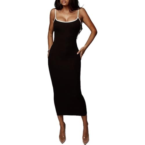 materasu Women's Ribbed Knit Bodycon Midi Dress Spaghetti Strap Slim Fit Sleeveless Casual Club Outfits - Image 1