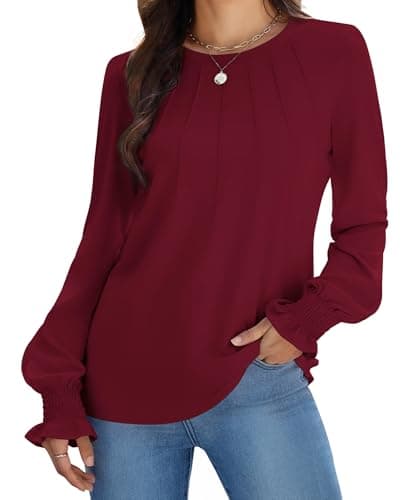 Funlingo Blouses for Women Dressy Casual Puff Sleeve Cute Tops Crew Neck Pleated Western Oversized Tshirts Shirts Elegant Clothes Wine Red M - Image 1