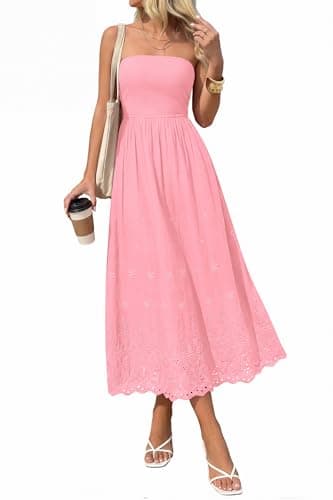 PRETTYGARDEN Womens Summer Dresses 2026 Sexy Sleeveless Tube Top Long Dress Eyelet Cotton Maxi Beach Sundress Pockets(Pink,Medium) - Image 1