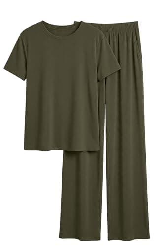 PRETTYGARDEN Spring Lounge Sets for Women 2 Piece Short Sleeve Crewneck Cute Tops and Wide Leg Pants with Pockets Pj Set (Army Green, Large) - Image 1