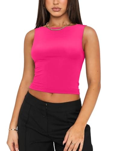 REORIA Women's Summer Sexy Open Back High Neck Sleeveless Tank Top Double Lined Y2k Trendy Backless Crop Tops Rose Red Medium - Thumbnail 2