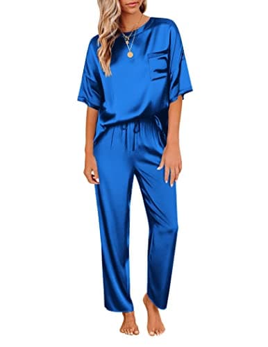 Ekouaer Womens Silk Satin Pajamas Set Two Piece Pj Sets Sleepwear Loungewear Short Sleeve Pj Sets Royal Blue - Image 1
