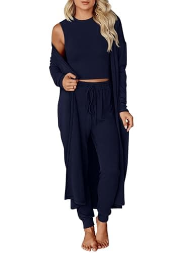 KIRUNDO 3 Piece Lounge Sets for Women Airport Travel Vacation Outfits Spring Cardigan Matching Sleeveless Top Jogger Pants(Navy Blue, Medium) - Image 1