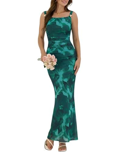 ZAFUL Green Wedding Guest Dress for Women's Sexy Dress Formal Sleeveless Mesh Ruched Bodycon Maxi Party Long Dresses Sexy - Image 1