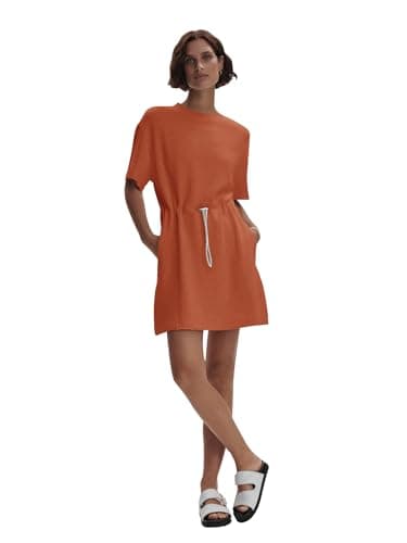 COCOMARTS Dresses for Women Summer Short Sleeve Crew Neck Sweatshirt Dress Drawstring Waist Tunic Tops Mini Vacation Sundress Orange Small - Thumbnail 5